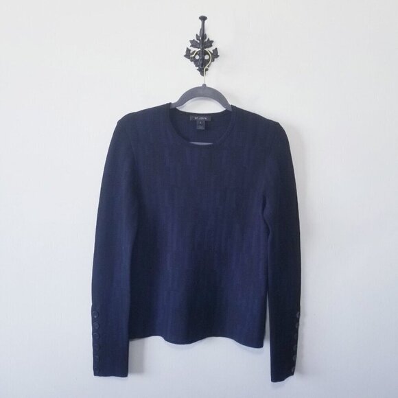 St. John Wool Blend Crew Neck Button Cuff Sweater Size S Blue Black EUC - Picture 1 of 4